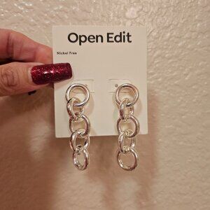 NEW OPEN EDIT Long Silver Chain-Drop Earrings | Nickel-Free | Brand New